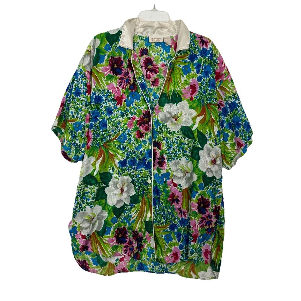 Victoria’s Secret Gold Label Satin Sleep Shirt M/L Floral Button Vintage 90’s
